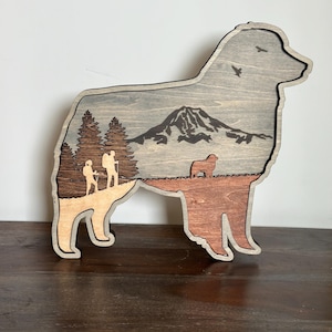 Australian Shepherd Wood Sculpture, Hiking Dog Art, Custom Pet Portrait, Dog Lover Gift
