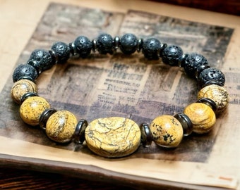 Men's Gemstone Bracelet with Petrified Wood, Hematite, and Lava