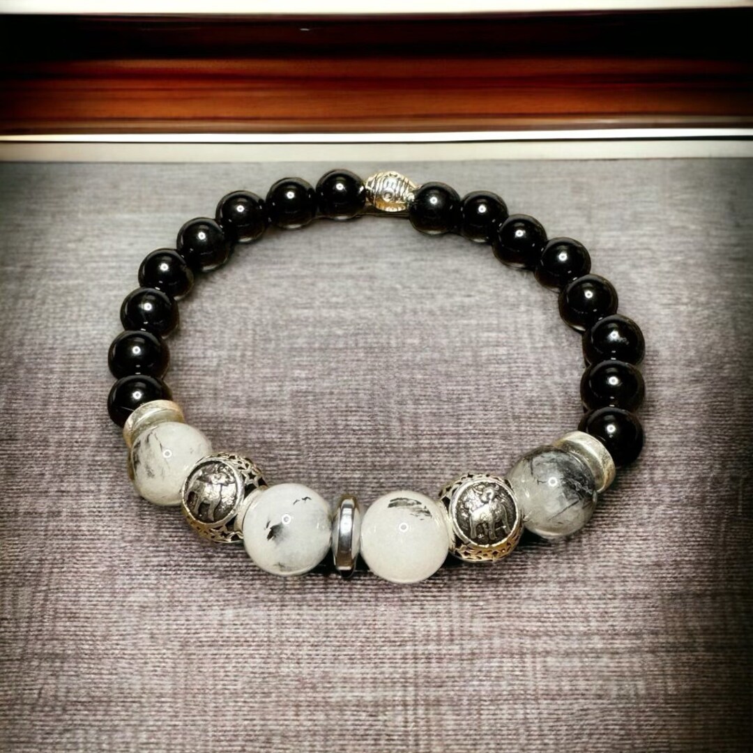Men's Gemstone Bracelet With Rainbow Moonstone, Obsidian, and Tibetan