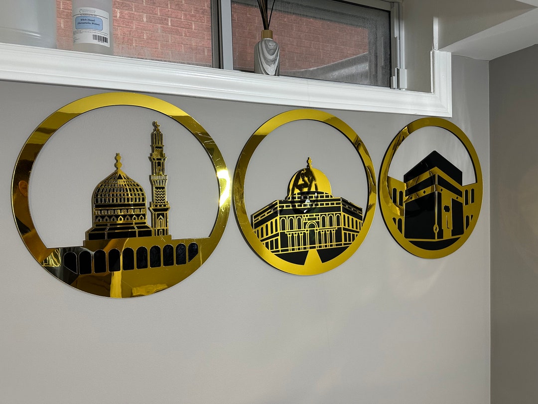 Masjid Al Aqsa, Kaaba & Masjid Al Haram Circular Golden Wall Art set of
