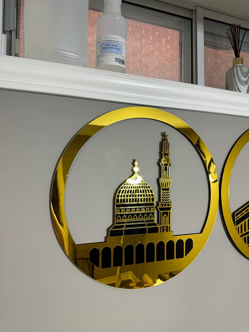 Masjid Al Aqsa, Kaaba & Masjid Al Haram Circular Golden Wall Art set of