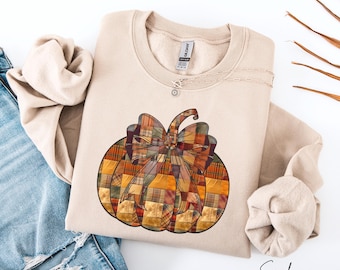 Pumpkin Sweatshirt, False Patchwork Pumpkin Sweater, Cozy Thanksgiving Crewneck, Boho Pumpkin Hoodie