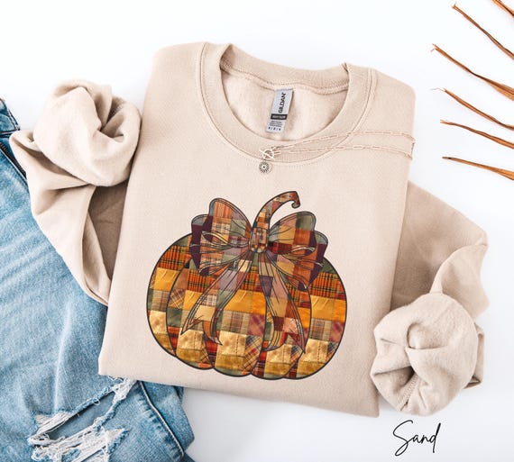 Pumpkin Sweatshirt, False Patchwork Pumpkin Sweater, Cozy Thanksgiving Crewneck, Boho Pumpkin Hoodie