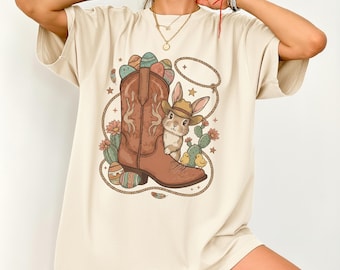 Bunny Cowboy Boot Shirt, Western Easter Shirt, Rabbit Graphic Tee, Spring Country Shirt, Cute Easter Gift for Women Moms