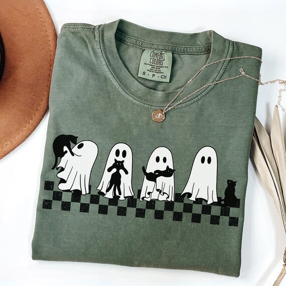 Halloween Ghost & Black Cat Comfort Colors® Shirt, Spooky Season Cat Shirt, Funny Halloween Gift For Women, Trick Or Treat Shirt,Ghost Shirt