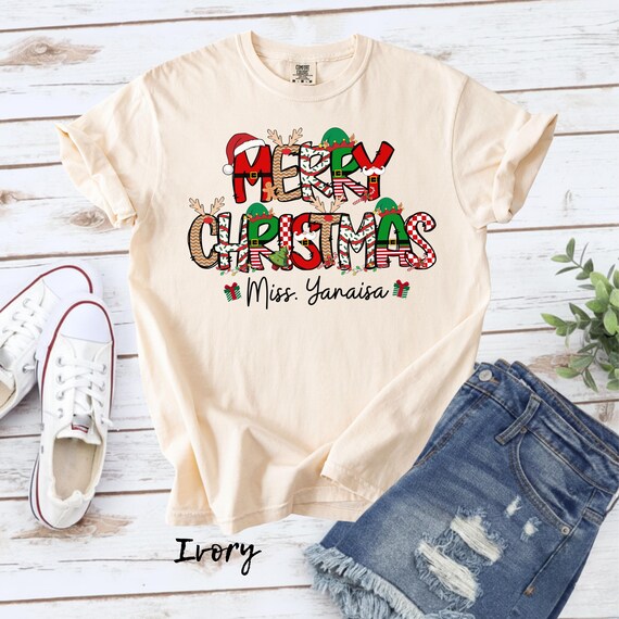 Merry Christmas Teacher Shirt, Personalized Teacher Christmas Tee, Custom Name Christmas Shirt, Cute Holiday Teacher Shirt, Xmas Gift Top
