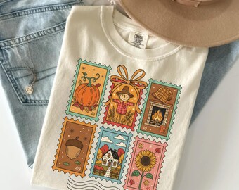 Fall Postage Stamp Shirt, Autumn Graphic Tee, Pumpkin Scarecrow Shirt, Cozy Fall Tee, Vintage Autumn Tee, Thanksgiving Gift, Fall Lover Tee