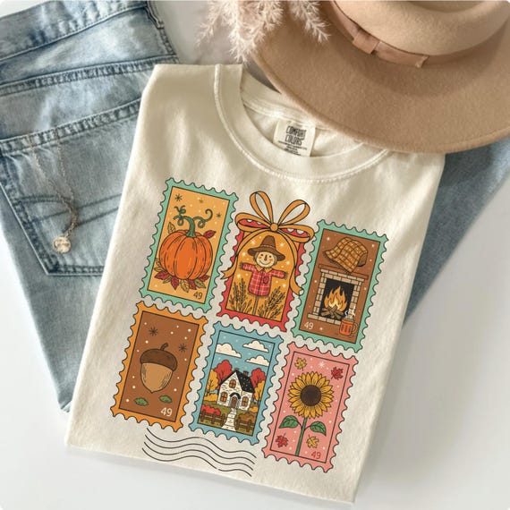 Comfort Colors® Fall Stamp Shirt, Retro Autumn Postcard Tee, Pumpkin Scarecrow Sunflower Shirt, Women's Fall Sweatshirt, Cozy Harvest Tee