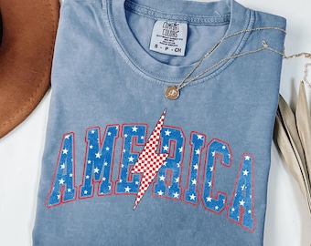 America Shirt Women, 4th of July Comfort Colors Tee, Patriotic Graphic Shirt, USA Lightning Bolt Tee, Fourth of July Gift for Her