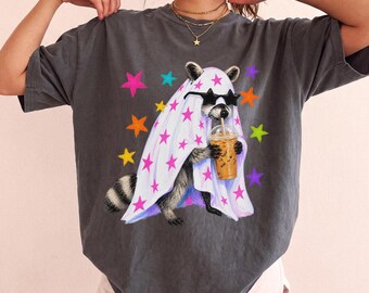 Raccoon Ghost Halloween Shirt, Coffee Lover Ghost Tee, Cute Ghost Costume Raccoon, Funny Spooky Season Gift, Retro Fall Graphic Tee