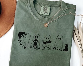 Halloween Black Cat & Ghost Comfort Colors Shirt, Halloween Ghost Tshirt, Spooky Season Cat Tee, Halloween Cute Women Outfit, Halloween Gift