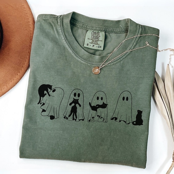 Halloween Black Cat & Ghost Comfort Colors Shirt, Halloween Ghost Tshirt, Spooky Season Cat Tee, Halloween Cute Women Outfit, Halloween Gift