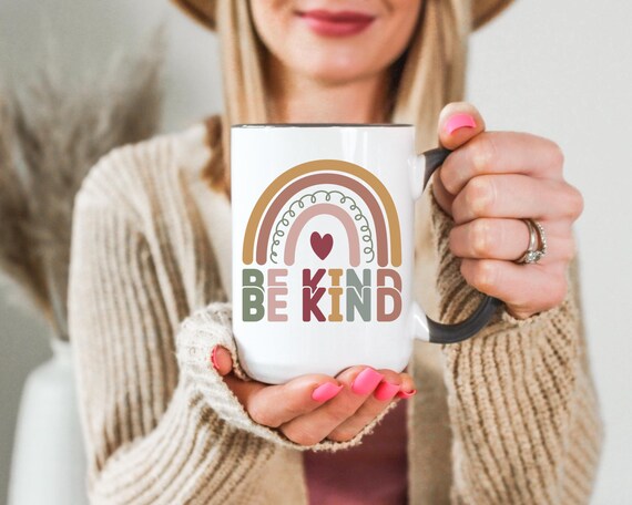 Be Kind Mug, Rainbow Coffee Mug with Heart, Inspirational Mug for Women, Cute Motivational Mug, Positive Quote Gift, Kindness Cup
