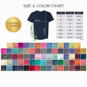 May include: A navy blue t-shirt with chest and length measurements in inches, along with a color chart featuring various hues like neon pink, denim, and red. The image includes the text "SIZE & COLOR CHART."