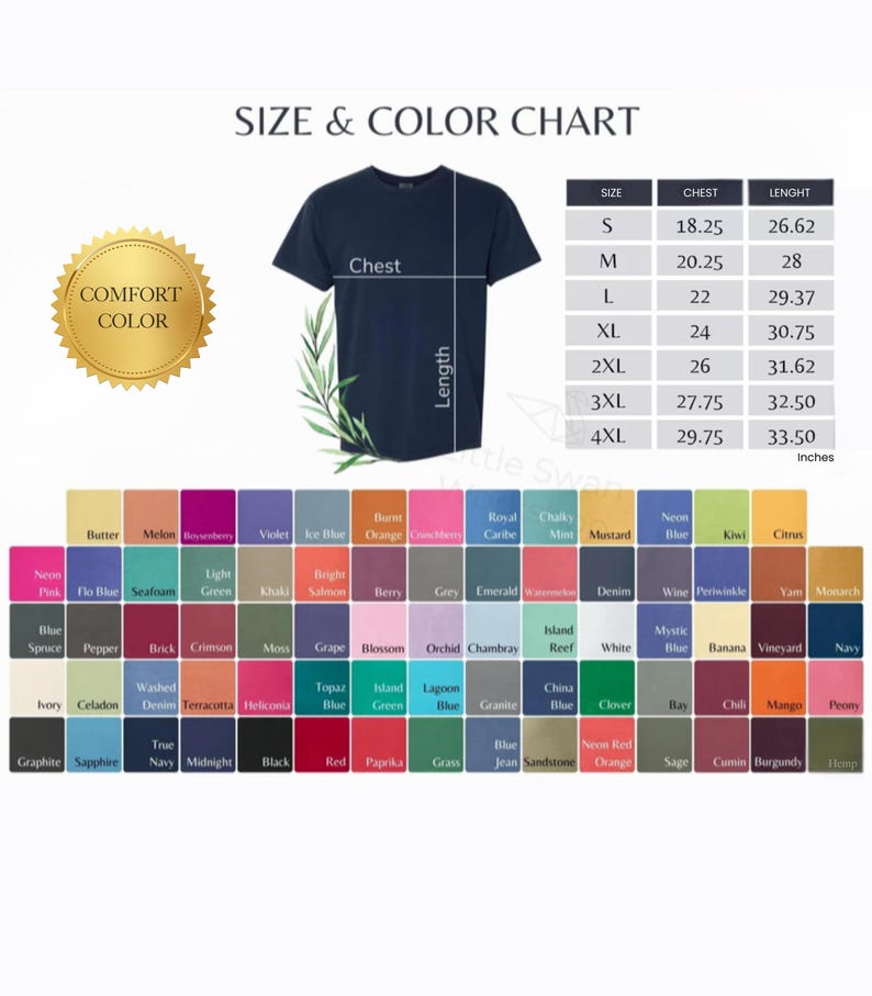 May include: A navy blue t-shirt with chest and length measurements in inches, along with a color chart featuring various hues like neon pink, denim, and red. The image includes the text "SIZE & COLOR CHART."