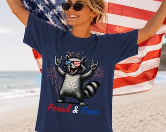 Feral And Free Raccoon Shirt, Funny 4th Of July Shirt, Patriotic Raccoon Tee, USA Independence Day Graphic Tee