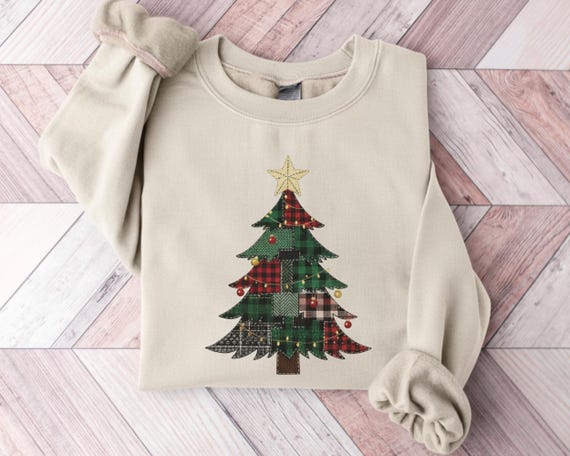 Faux Patchwork Christmas Tree Sweatshirt, Christmas Tree Shirt, Christmas Sweatshirt for Women, Faux Patchwork Tree Hoodie