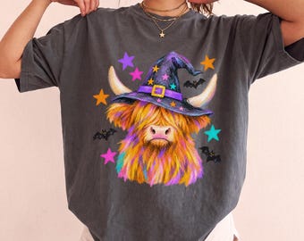 Highland Cow Witch Shirt, Halloween Cow Comfort Colors Tee, Witchy Cow Lover Gift, Cute Bat Halloween Sweatshirt, Fall Farm Shirt