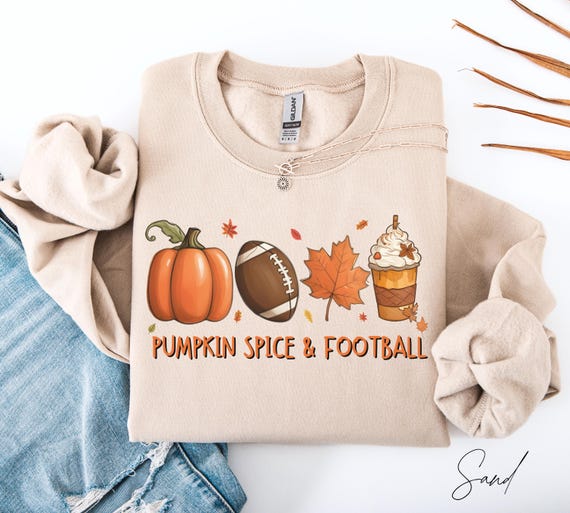 Pumpkin Spice & Football Sweatshirt, Fall Season Sweater For Women, Cozy Autumn Coffee Sweatshirt, Thanksgiving Gift, Fall Football Shirt