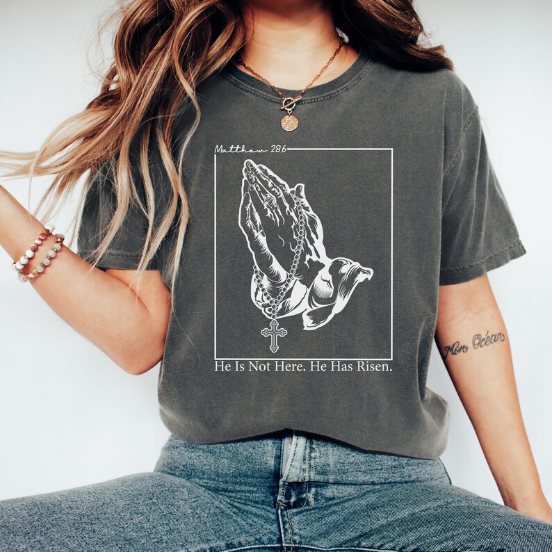 Comfort Colors® He Has Risen Shirt, Matthew 28:6 T-Shirt, Christian Bible Verse Tee, Religious Faith Shirt, Easter Gift For Women, Jesus Tee image 1
