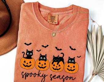Comfort Colors® Spooky Season Cat Shirt, Cute Black Cat Halloween Tee, Pumpkin Graphic Tee, Stay Spooky Gift for Women