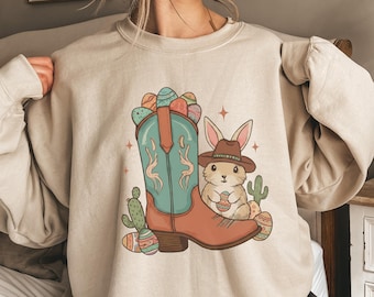 Cowboy Easter Bunny Sweatshirt, Western Easter Shirt, Cute Rabbit and Turquoise Boot Graphic Tee, Country Spring Gift for Women