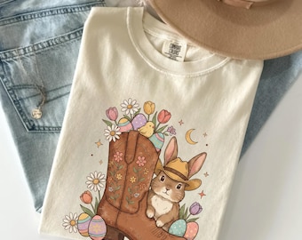 Easter Bunny Cowgirl Shirt, Western Easter Rabbit Tee, Floral Cowboy Boot Shirt, Cute Spring Bunny
