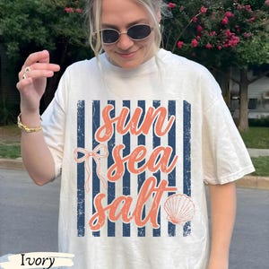 Sun Sea Salt Shirt Retro Beach Tee Coastal Summer Graphic T Shirt Vintage Stripes Bow Shell Cute Ocean Lover Gift Vacation Outfit