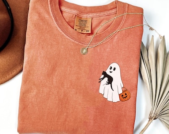Cute Ghost With Black Cat Halloween Shirt, Spooky Ghost Tee, Pumpkin Halloween Shirt, Fall Graphic Tee, Cute Halloween Gift