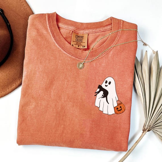 Comfort Colors® Halloween Black Cat & Ghost Shirt, Halloween Ghost Shirt, Spooky Season Cat Tee, Halloween Cute Women Outfit, Halloween Gift