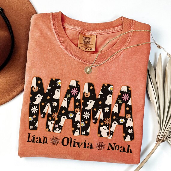 Comfort Colors® Custom Halloween Mama Shirt with Kids Name, Halloween Mon Shirt, Spooky Mama Shirt, Personalized Halloween Shirt, Gift Mom