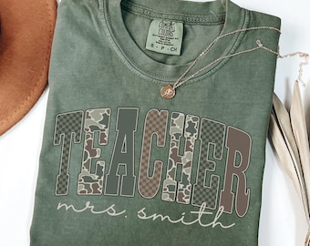 Custom Teacher Shirt Personalized Teacher Name Tee Back To School Gift For Teacher Camo Checkered Teacher Sweatshirt