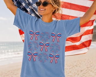 Patriotic Coquette Bow Shirt, Fourth of July Fireworks Tee, USA Flag Bow T-Shirt, Independence Day Shirt, America Gift for Women