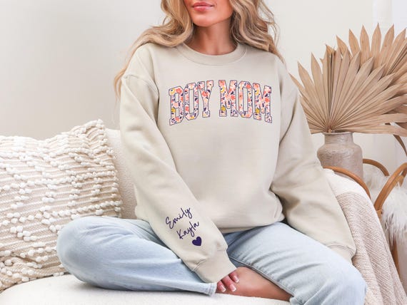 Boy Mom Floral Sweatshirt, Personalized Mom Crewneck with Child's Name, Mother's Day Gift, New Mom Gift