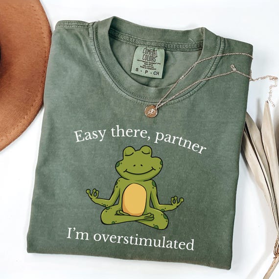Shirt: “Easy there, partner, I’m overstimulated”, shirt with a meditating frog, Gen Z fashion