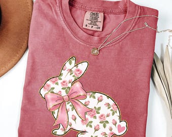 Easter Shirt Comfort Colors®, Floral Bunny Shirt, Easter Bunny T-Shirt, Happy Easter Shirt, Bunny T-Shirt for Women, Coquette Easter Shirt