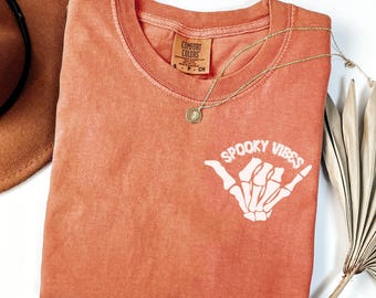 Spooky Vibes Skeleton Hand Shirt, Halloween Shaka Tee, Cute Ghost Season Shirt, Fall Halloween Graphic Tee, Spooky Gift for Her