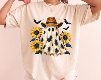 Cowboy Ghost Sunflower Shirt, Western Halloween Comfort Colors Tee, Retro Fall Ghost T-Shirt, Cute Spooky Season Shirt, Halloween Gift