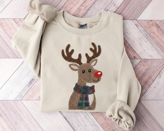 Faux Patchwork Reindeer Sweatshirt, Patchwork Christmas Sweater, Christmas Faux Patchwork Hoodie, Gift for Christmas, Holiday Crewneck