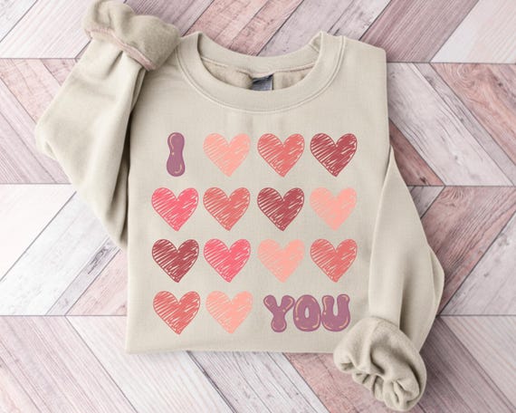 Hand-Drawn Hearts Sweatshirt, Valentine Day Sweater “I Love You”
