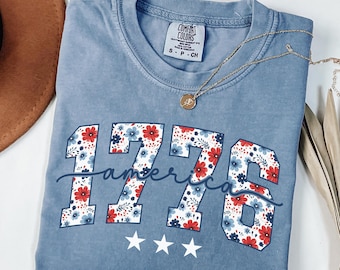 1776 America Shirt, Patriotic Floral USA Tee, Fourth of July Shirt for Women, Coquette Independence Day Graphic Comfort Colors Tee Top