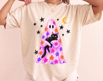 Ghost Cat Shirt, Pink Floral Ghost Halloween Tee, Cute Cat Mom Gift, Trendy Comfort Colors Shirt, Black Cat Lover Halloween T-Shirt