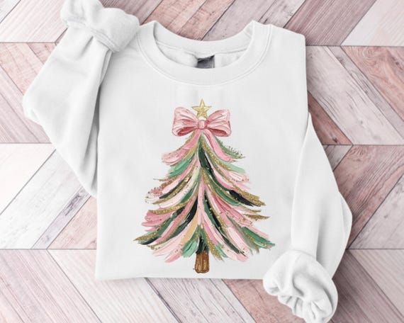 Cute Christmas Tree Sweatshirt, Pink Bow Christmas Sweatshirt for Women, Christmas Tree Tee Shirt, Christmas Coquette Christmas Shirt