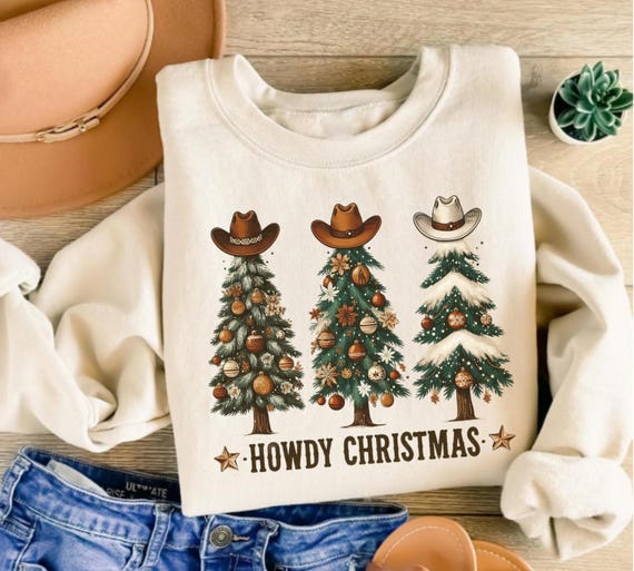 Howdy Christmas Sweatshirt, Western Christmas Sweater, Cowboy Holiday Shirt for Women, Country Christmas Tree Sweatshirt, Rustic Xmas Gift