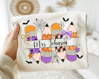Halloween Teacher Shirt, Personalized Teacher Pencil Shirt, Custom Name Teacher Tee, Spooky Teacher Gift, Cute Fall School Shirt