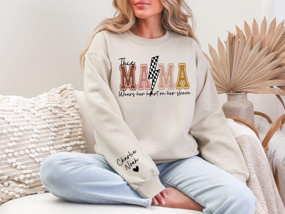 Personalized Mom Sweatshirt with Kids Names, Custom “This Mama Wears Her Heart On Her Sleeve” Hoodie or Crewneck