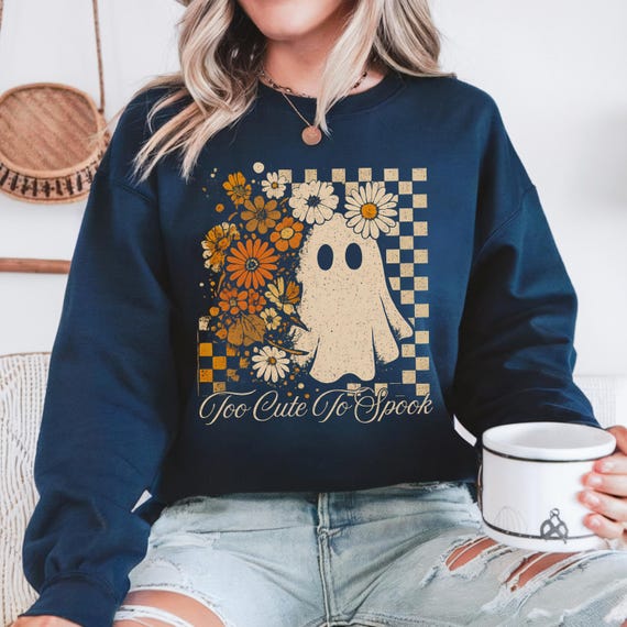 Checkered Ghost Sweatshirt, Halloween Floral Ghost Sweatshirt, Cute Fall Sweatshirt, Cute Fall Crewneck, Cottagecore Ghost Sweater