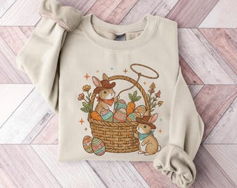 Easter Bunny Basket Sweatshirt, Cute Spring Rabbit Crewneck, Floral Easter Egg Shirt, Christian Easter Gift