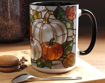 Stained Glass Pumpkin Mug, Fall Coffee Cup Gift For Autumn Lovers, Thanksgiving Drinkware, Ceramic Mug With Orange Pumpkin Design Art Tea