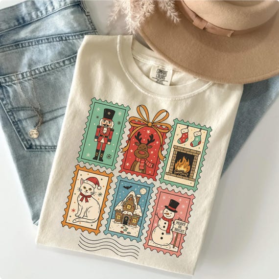 Comfort Colors® Christmas Stamp Shirt, Retro Holiday Postcard Tee, Nutcracker Reindeer Snowman Shirt, Women's Christmas Shirt